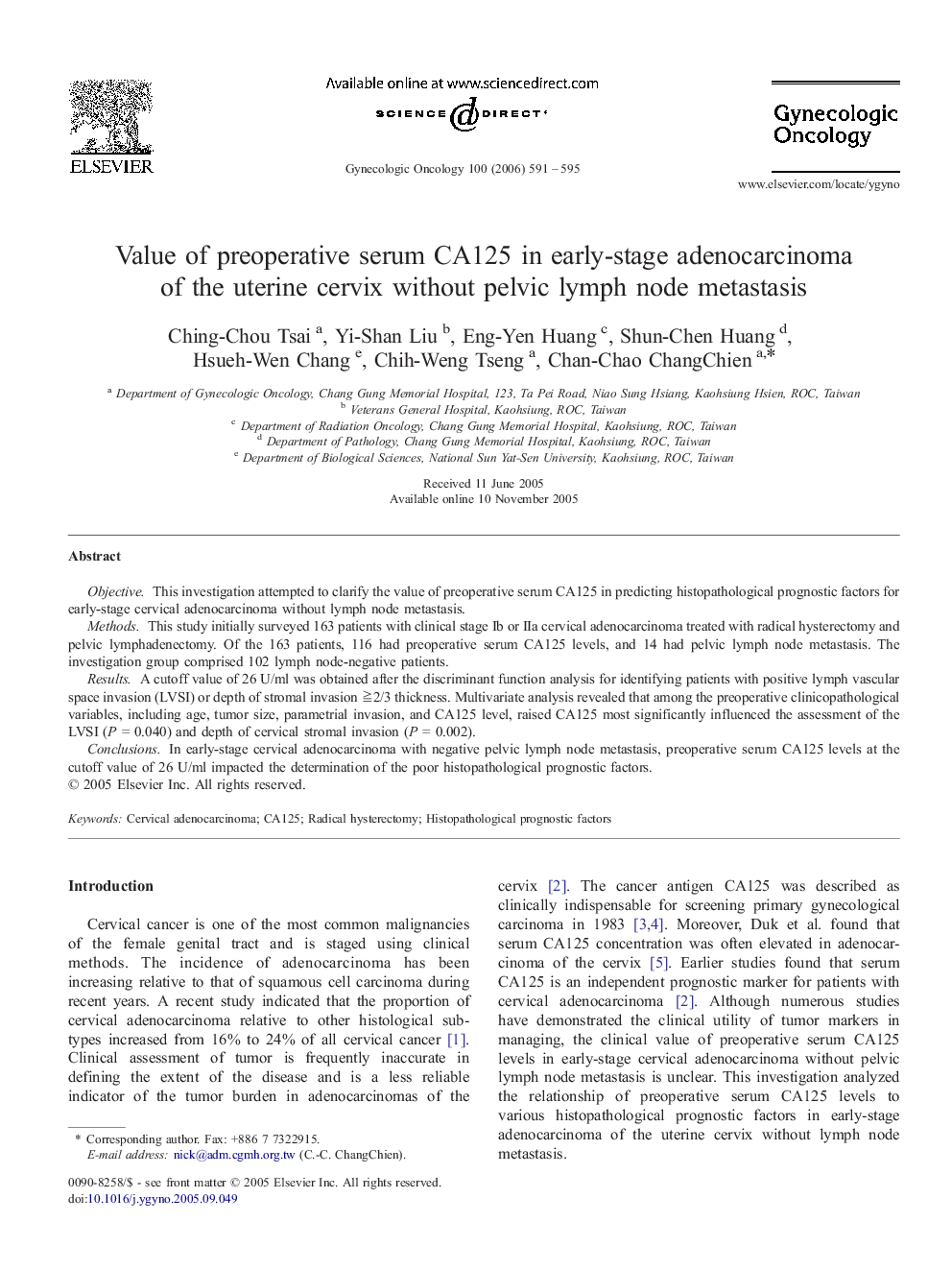 Value of preoperative serum CA125 in early-stage adenocarcinoma of the uterine cervix without pelvic lymph node metastasis