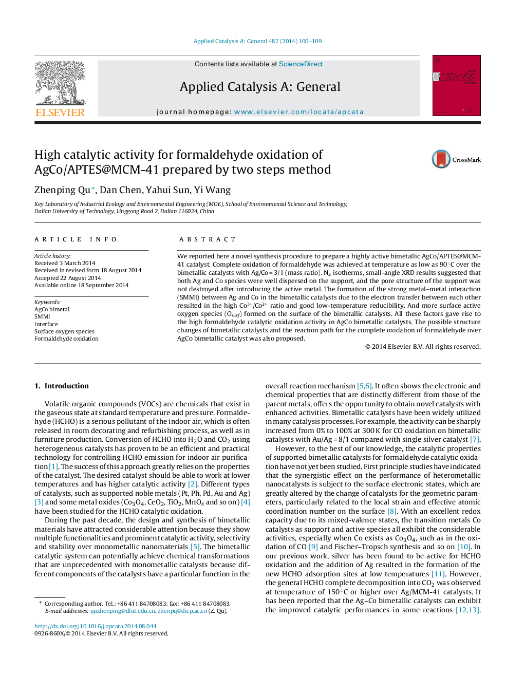 High catalytic activity for formaldehyde oxidation of AgCo/APTES@MCM-41 prepared by two steps method