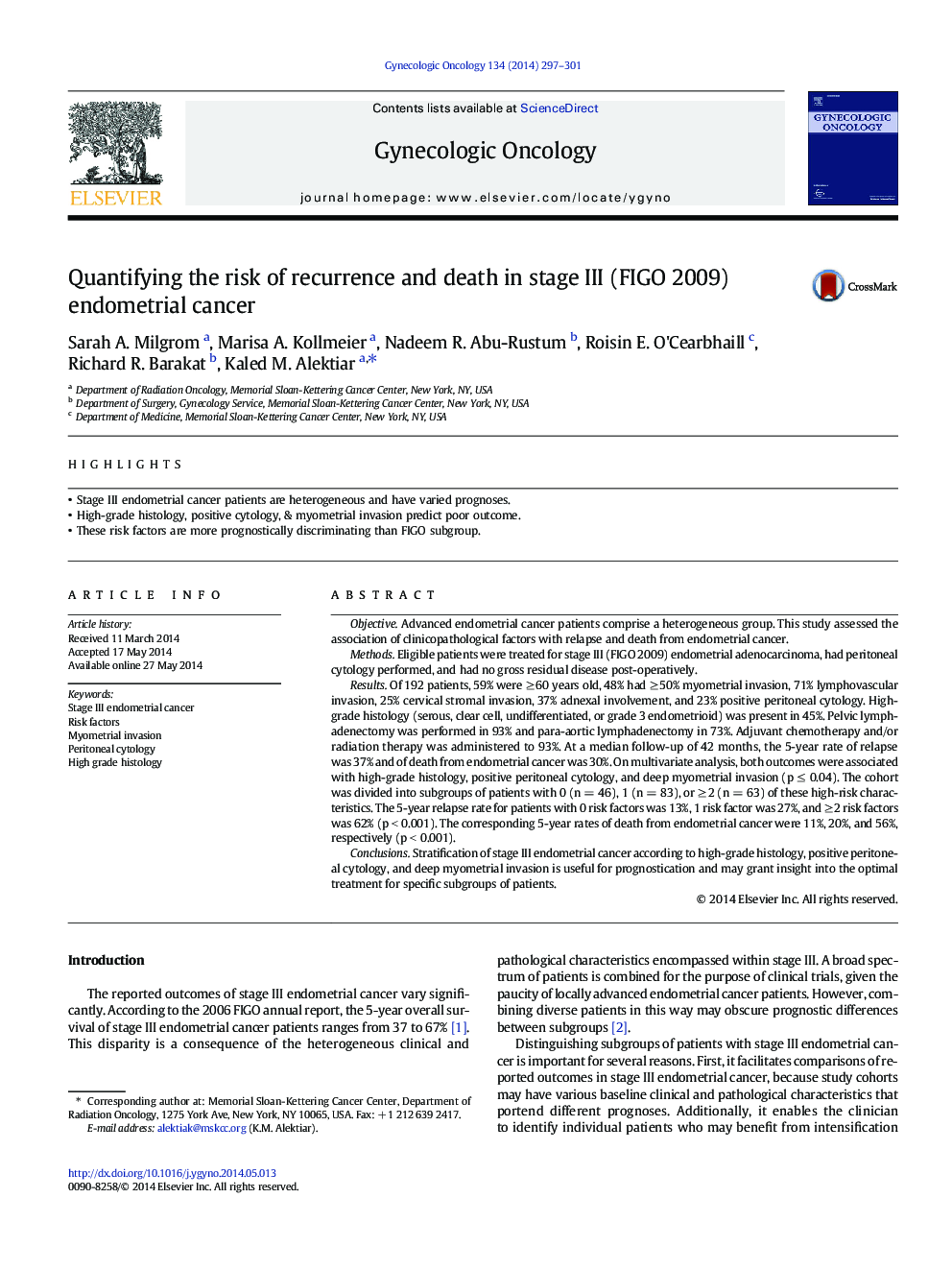 Quantifying the risk of recurrence and death in stage III (FIGO 2009) endometrial cancer