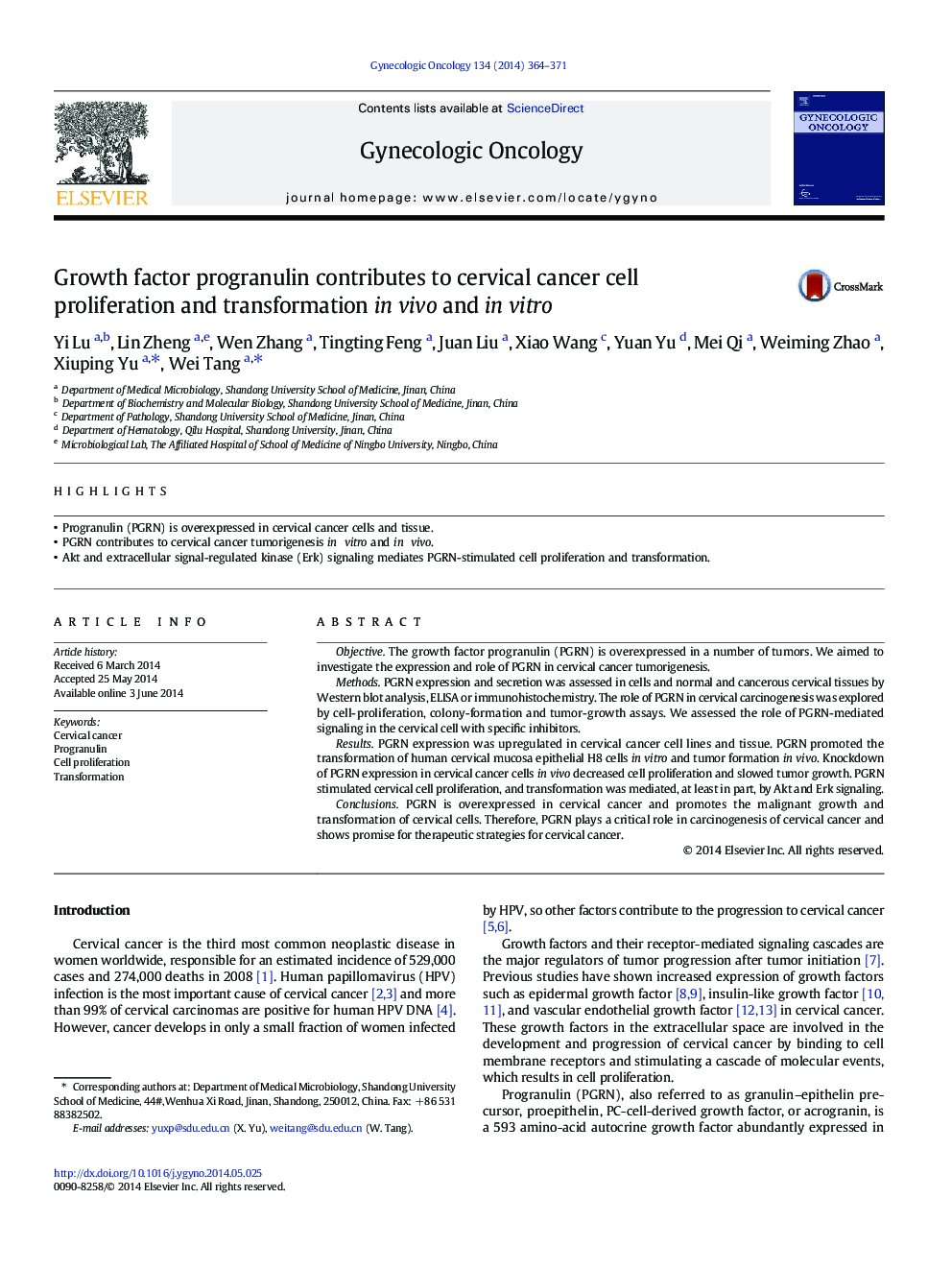 Growth factor progranulin contributes to cervical cancer cell proliferation and transformation in vivo and in vitro