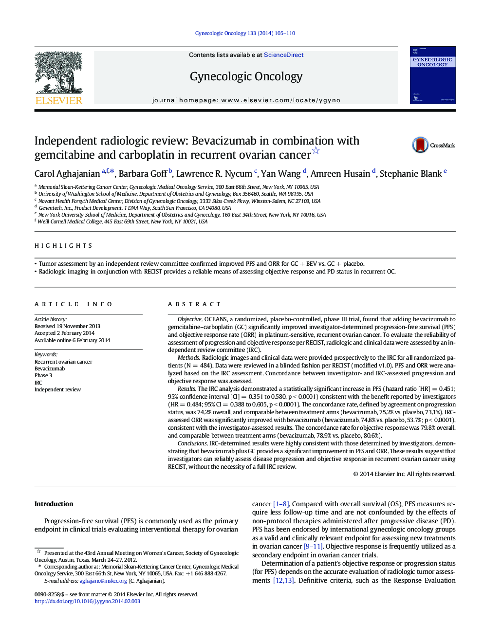 Independent radiologic review: Bevacizumab in combination with gemcitabine and carboplatin in recurrent ovarian cancer 