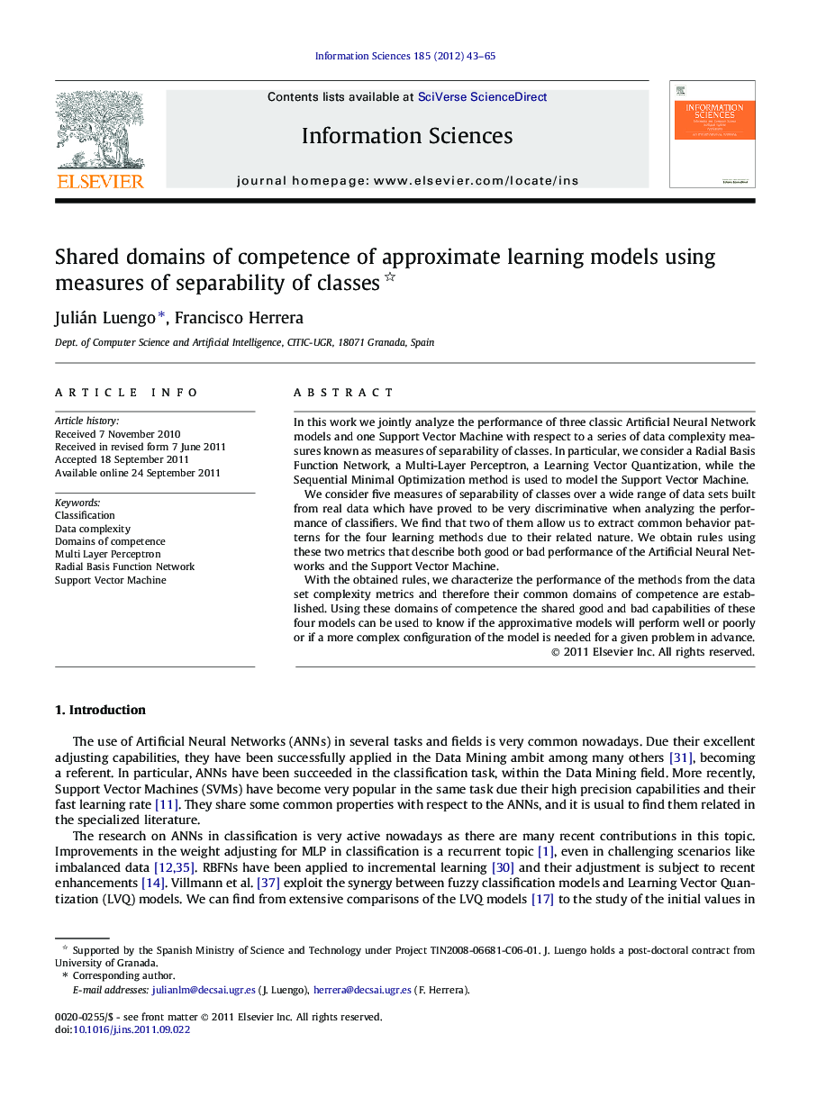 Shared domains of competence of approximate learning models using measures of separability of classes 