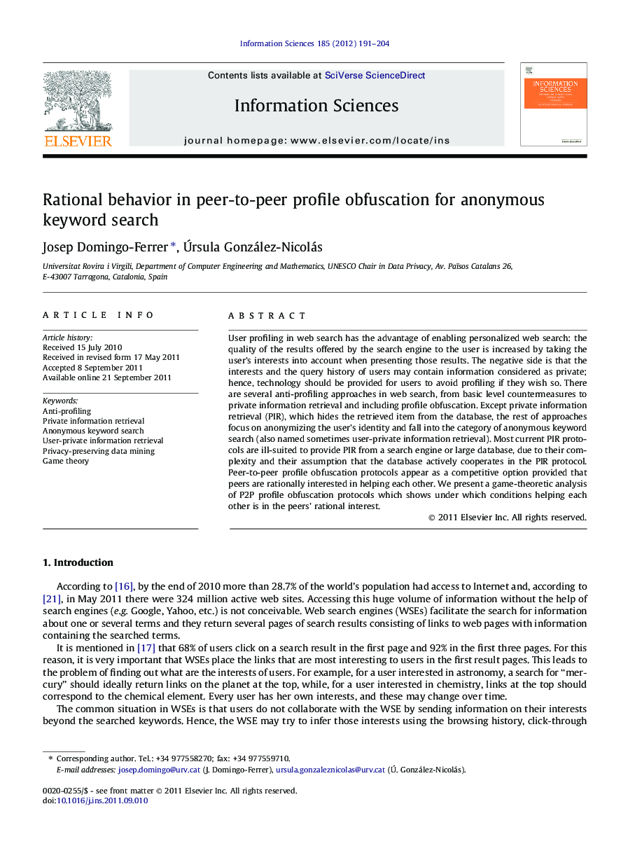 Rational behavior in peer-to-peer profile obfuscation for anonymous keyword search