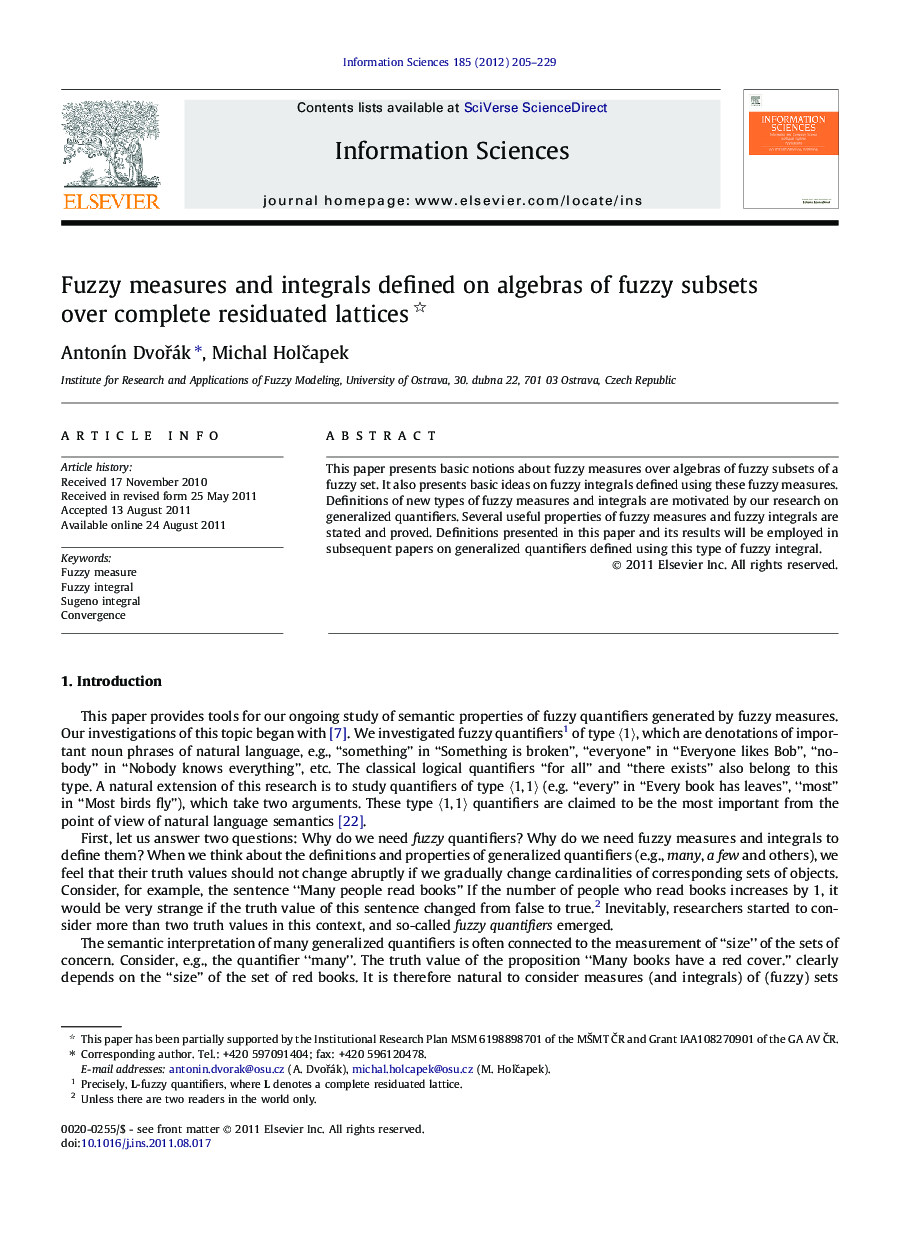 Fuzzy measures and integrals defined on algebras of fuzzy subsets over complete residuated lattices 