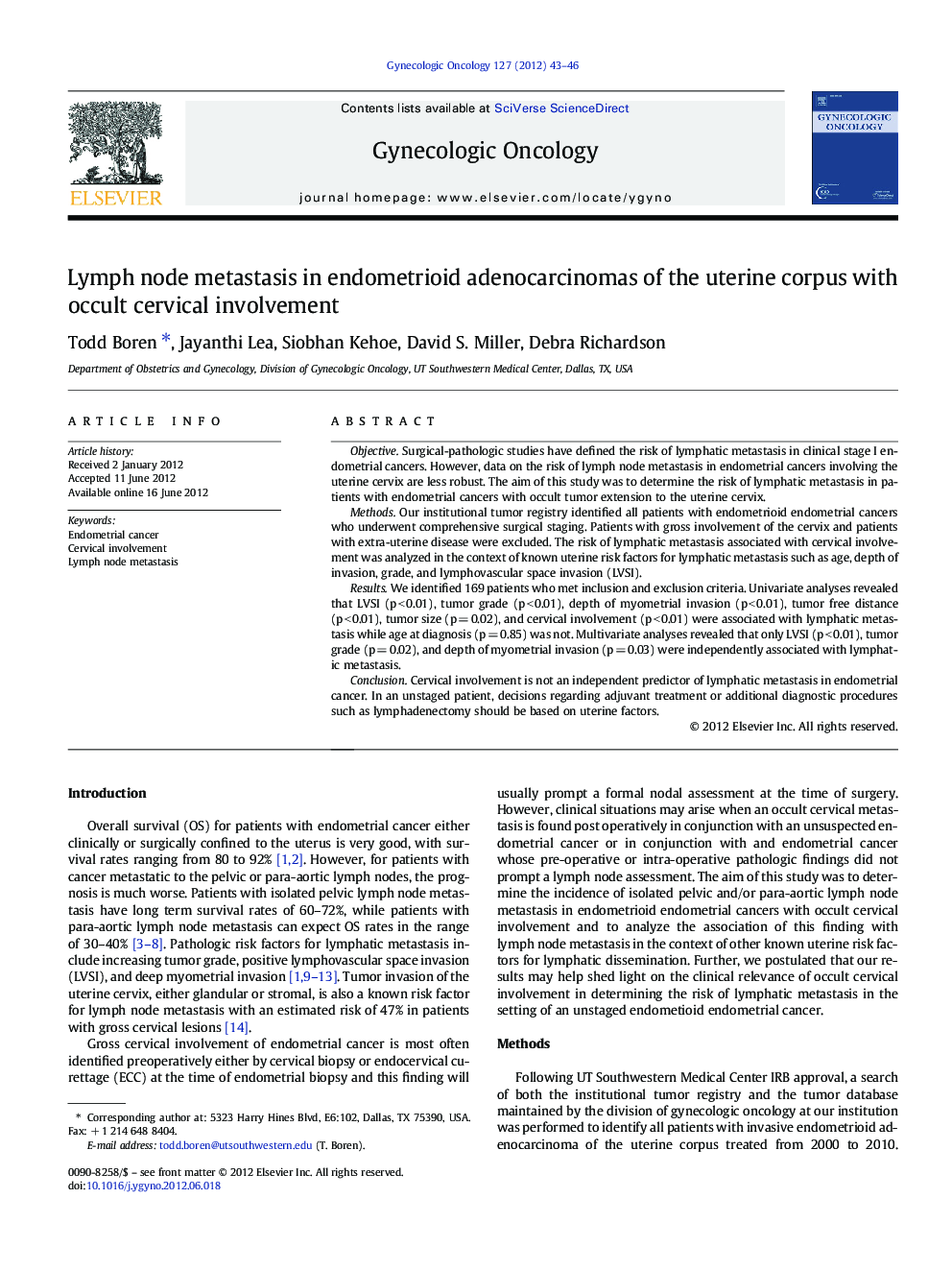 Lymph node metastasis in endometrioid adenocarcinomas of the uterine corpus with occult cervical involvement