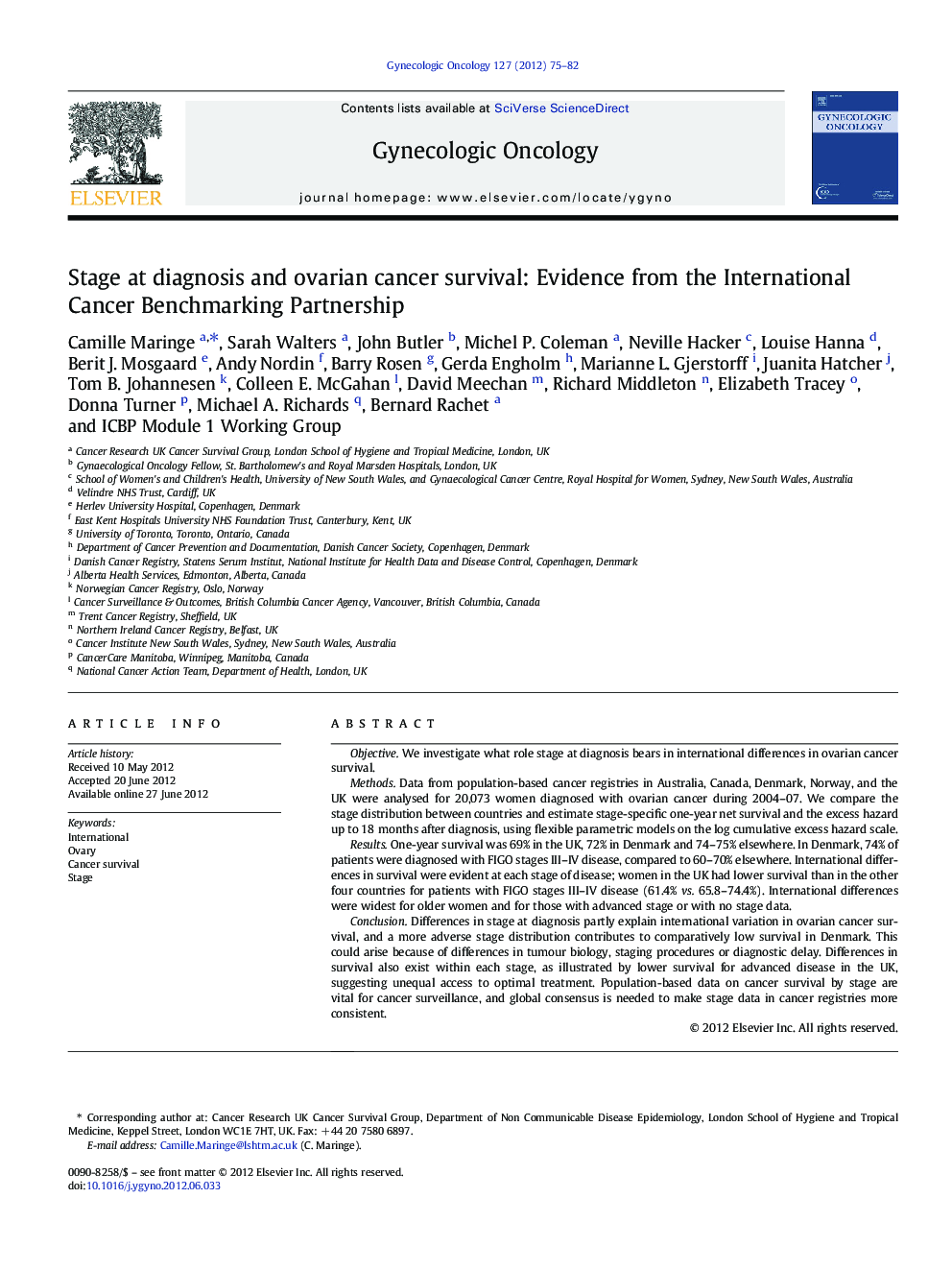 Stage at diagnosis and ovarian cancer survival: Evidence from the International Cancer Benchmarking Partnership