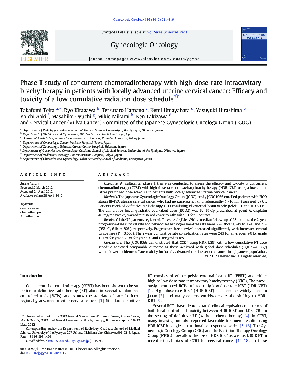 Phase II study of concurrent chemoradiotherapy with high-dose-rate intracavitary brachytherapy in patients with locally advanced uterine cervical cancer: Efficacy and toxicity of a low cumulative radiation dose schedule 