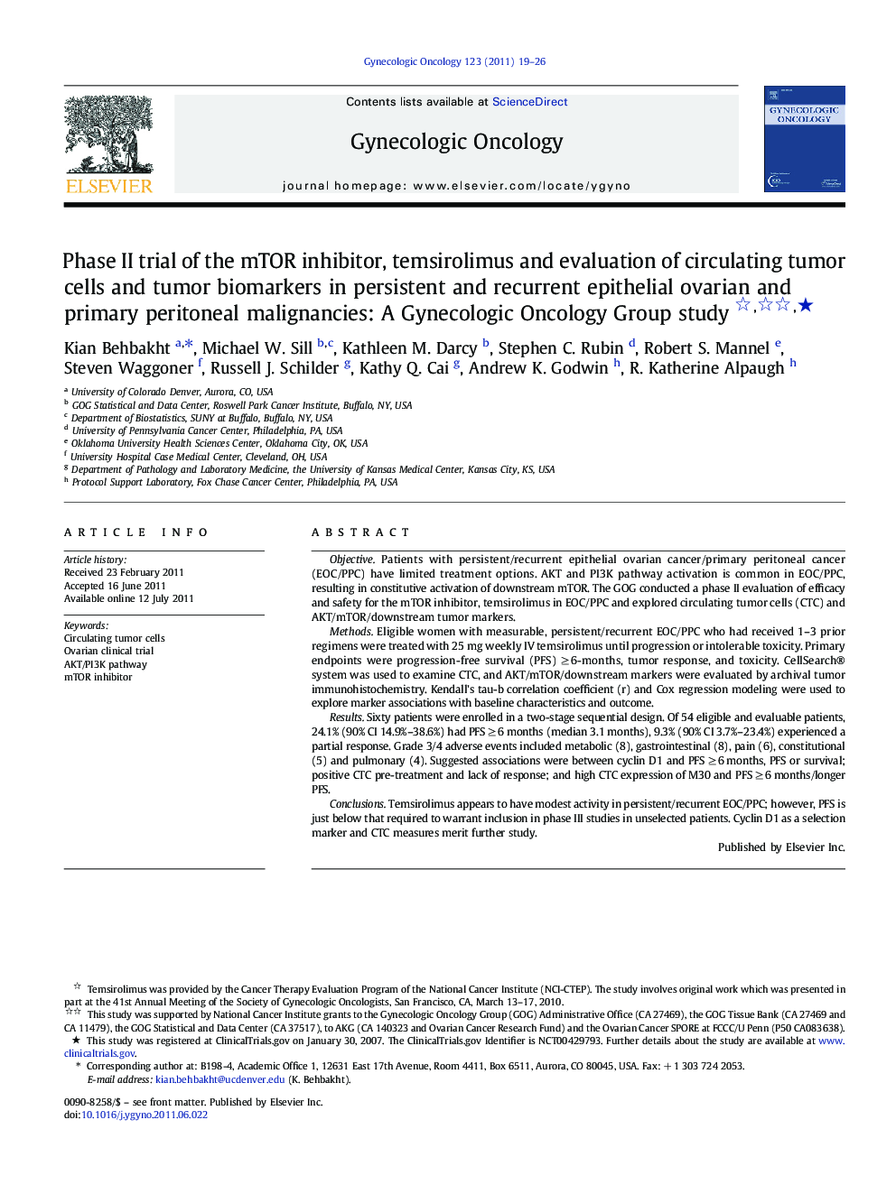 Phase II trial of the mTOR inhibitor, temsirolimus and evaluation of circulating tumor cells and tumor biomarkers in persistent and recurrent epithelial ovarian and primary peritoneal malignancies: A Gynecologic Oncology Group study ★