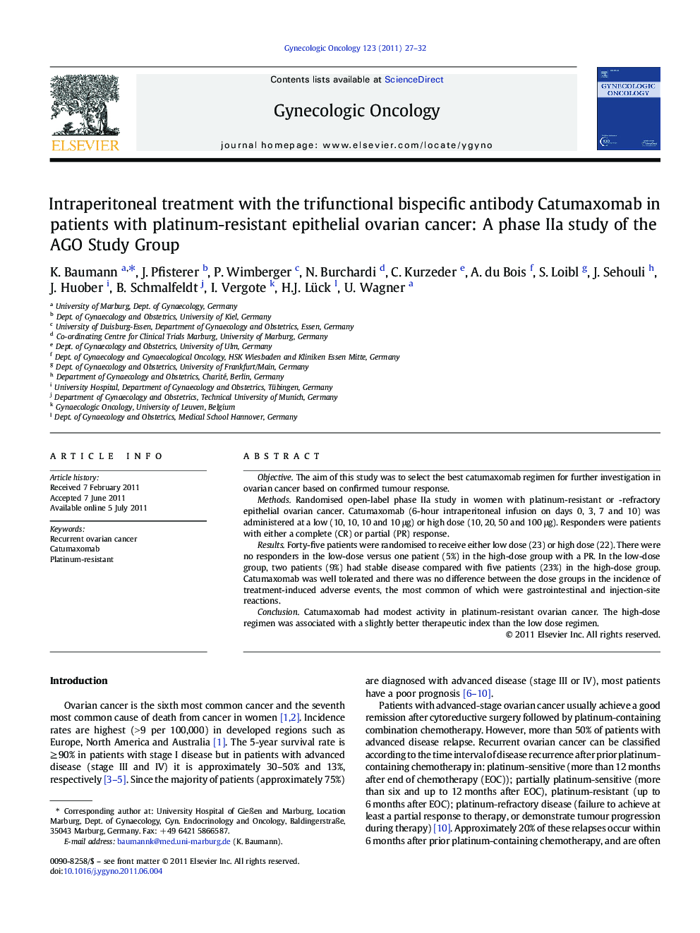 Intraperitoneal treatment with the trifunctional bispecific antibody Catumaxomab in patients with platinum-resistant epithelial ovarian cancer: A phase IIa study of the AGO Study Group