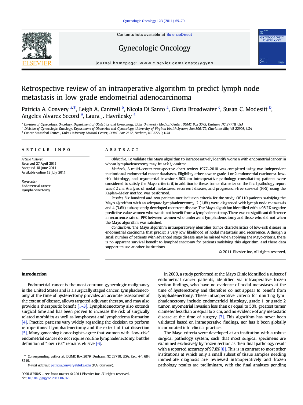 Retrospective review of an intraoperative algorithm to predict lymph node metastasis in low-grade endometrial adenocarcinoma