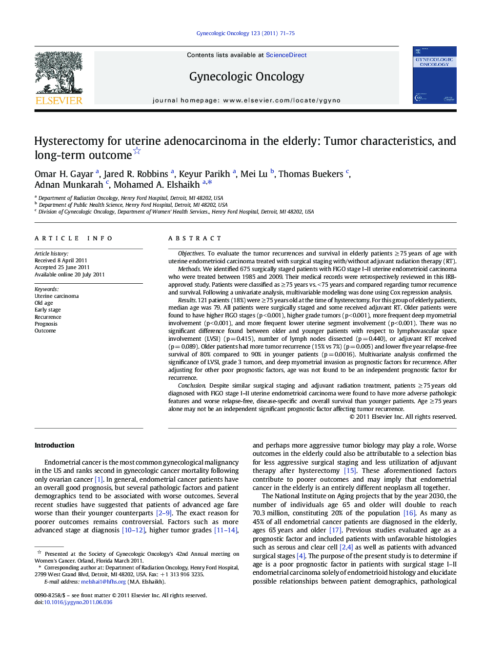 Hysterectomy for uterine adenocarcinoma in the elderly: Tumor characteristics, and long-term outcome 