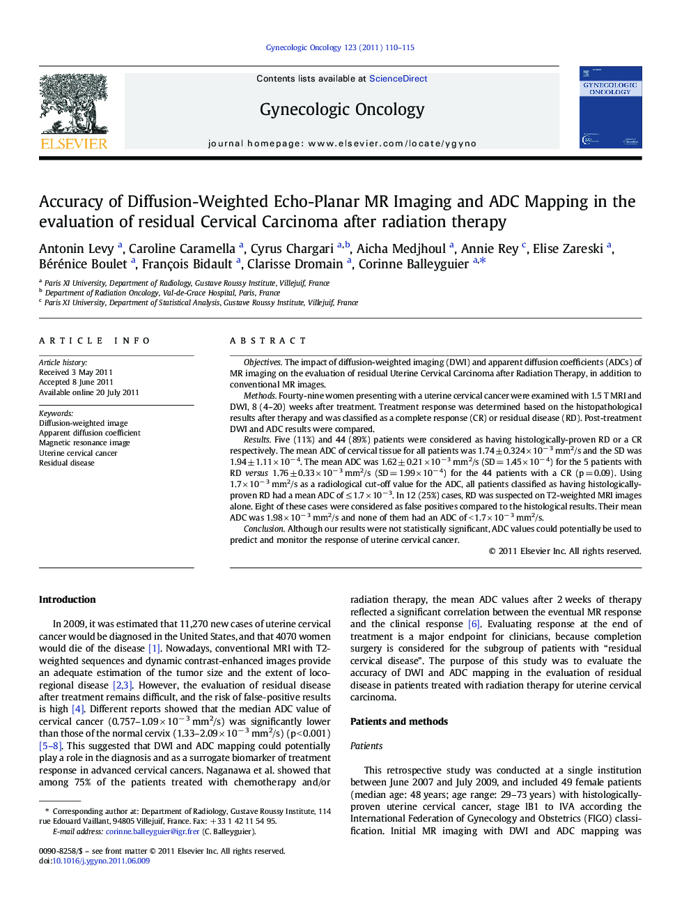 Accuracy of Diffusion-Weighted Echo-Planar MR Imaging and ADC Mapping in the evaluation of residual Cervical Carcinoma after radiation therapy