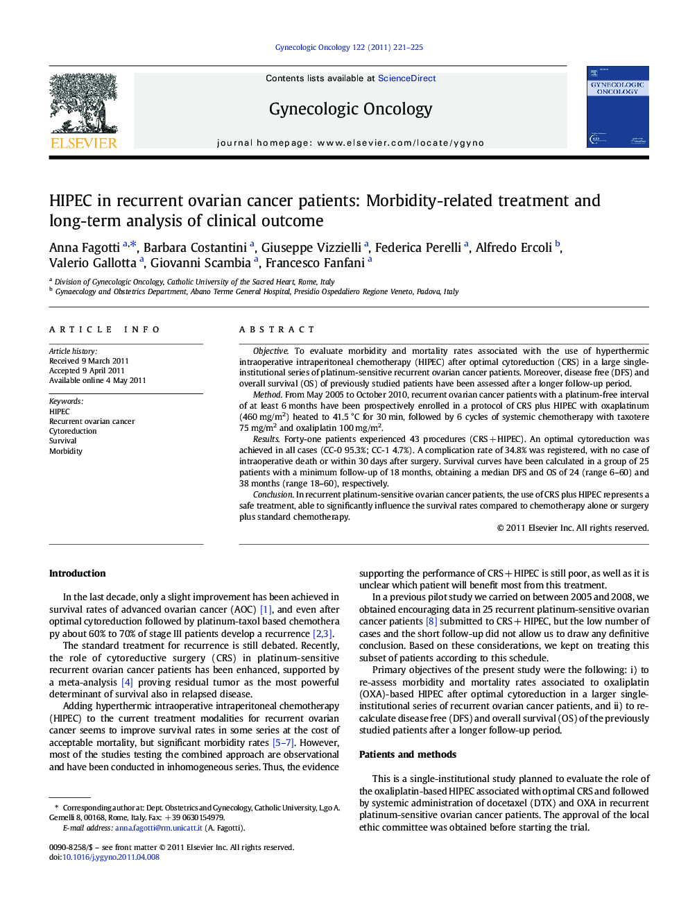 HIPEC in recurrent ovarian cancer patients: Morbidity-related treatment and long-term analysis of clinical outcome