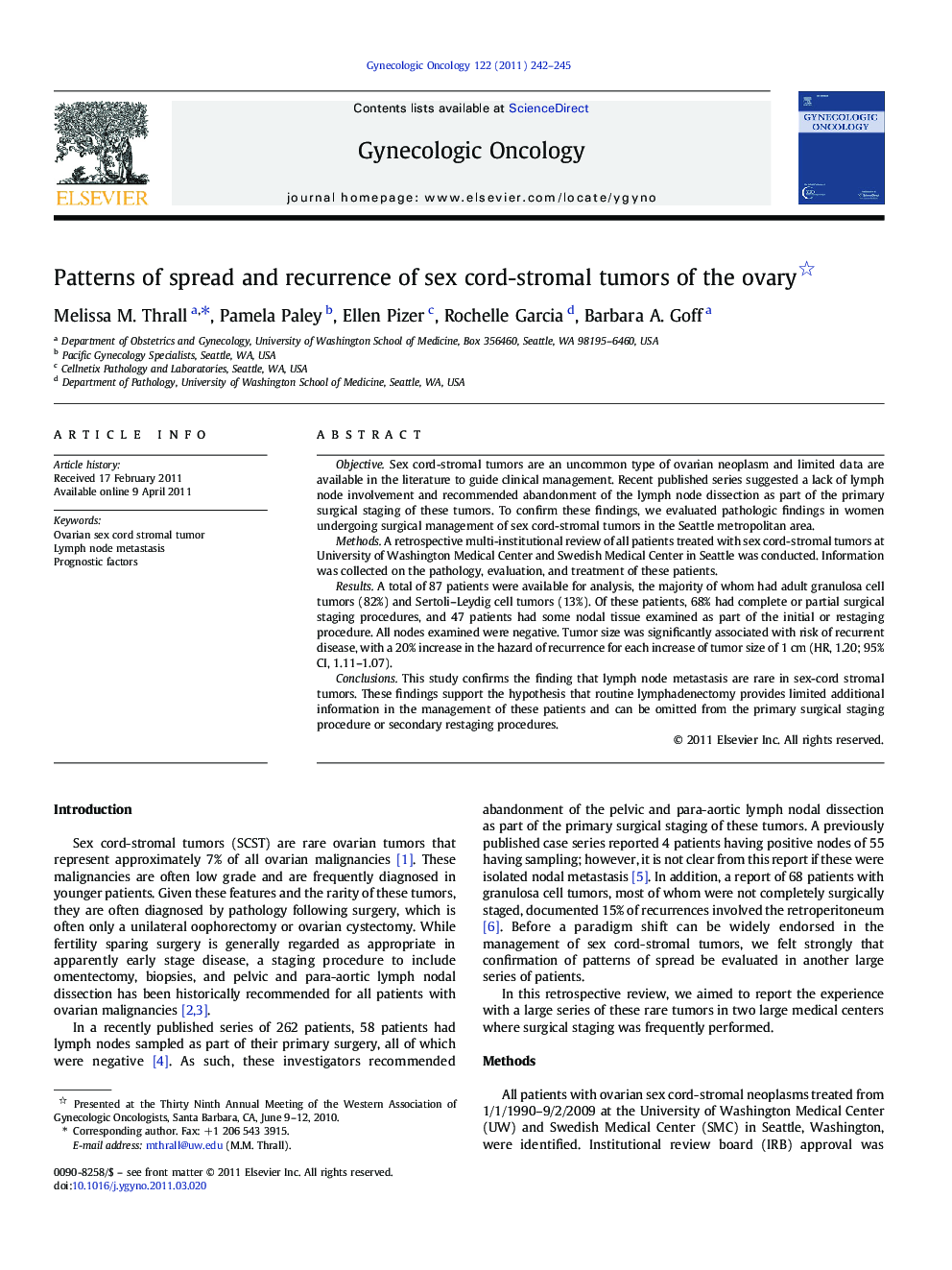 Patterns of spread and recurrence of sex cord-stromal tumors of the ovary 