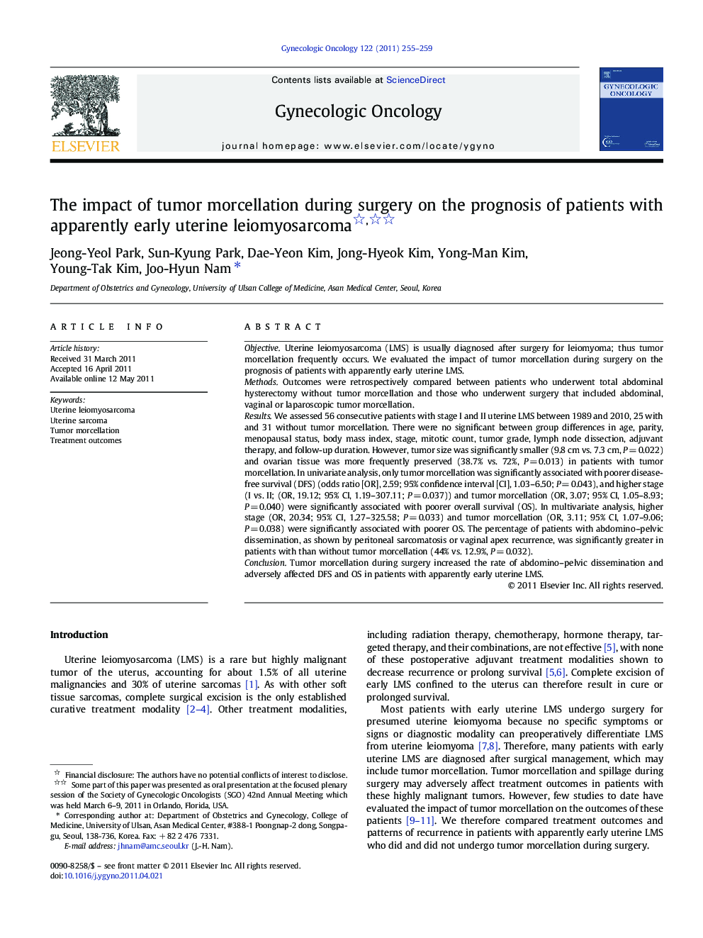 The impact of tumor morcellation during surgery on the prognosis of patients with apparently early uterine leiomyosarcoma 