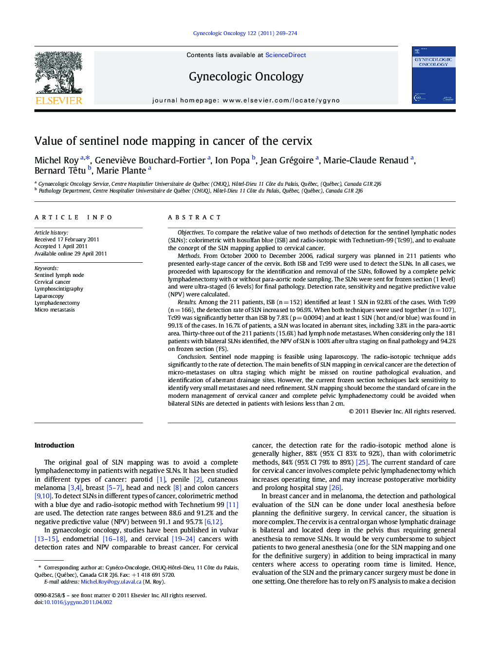 Value of sentinel node mapping in cancer of the cervix