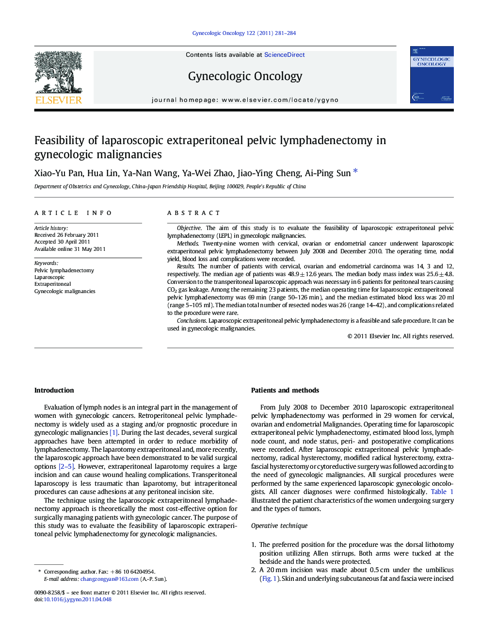 Feasibility of laparoscopic extraperitoneal pelvic lymphadenectomy in gynecologic malignancies