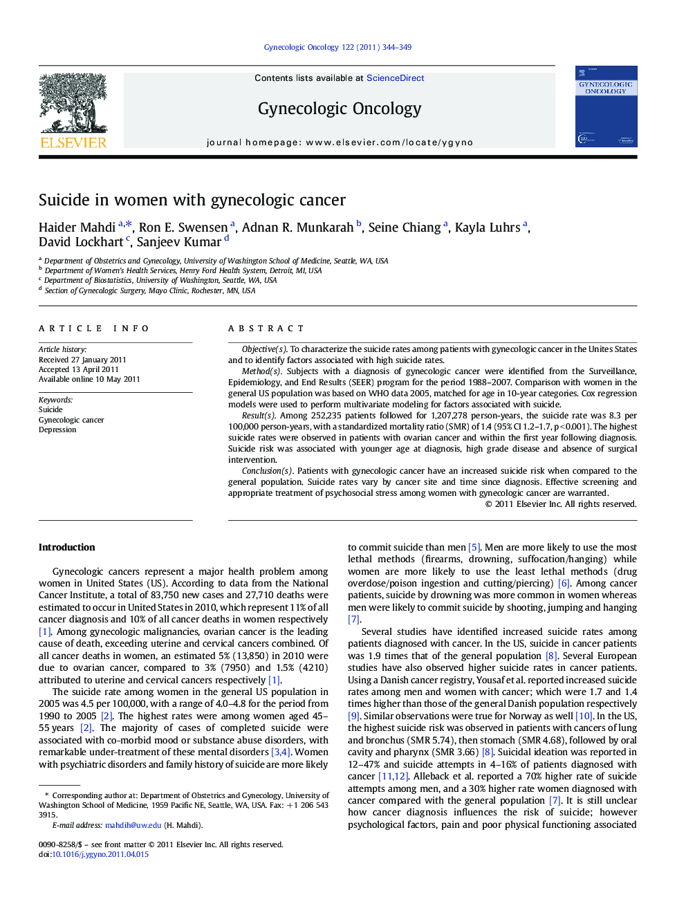 Suicide in women with gynecologic cancer