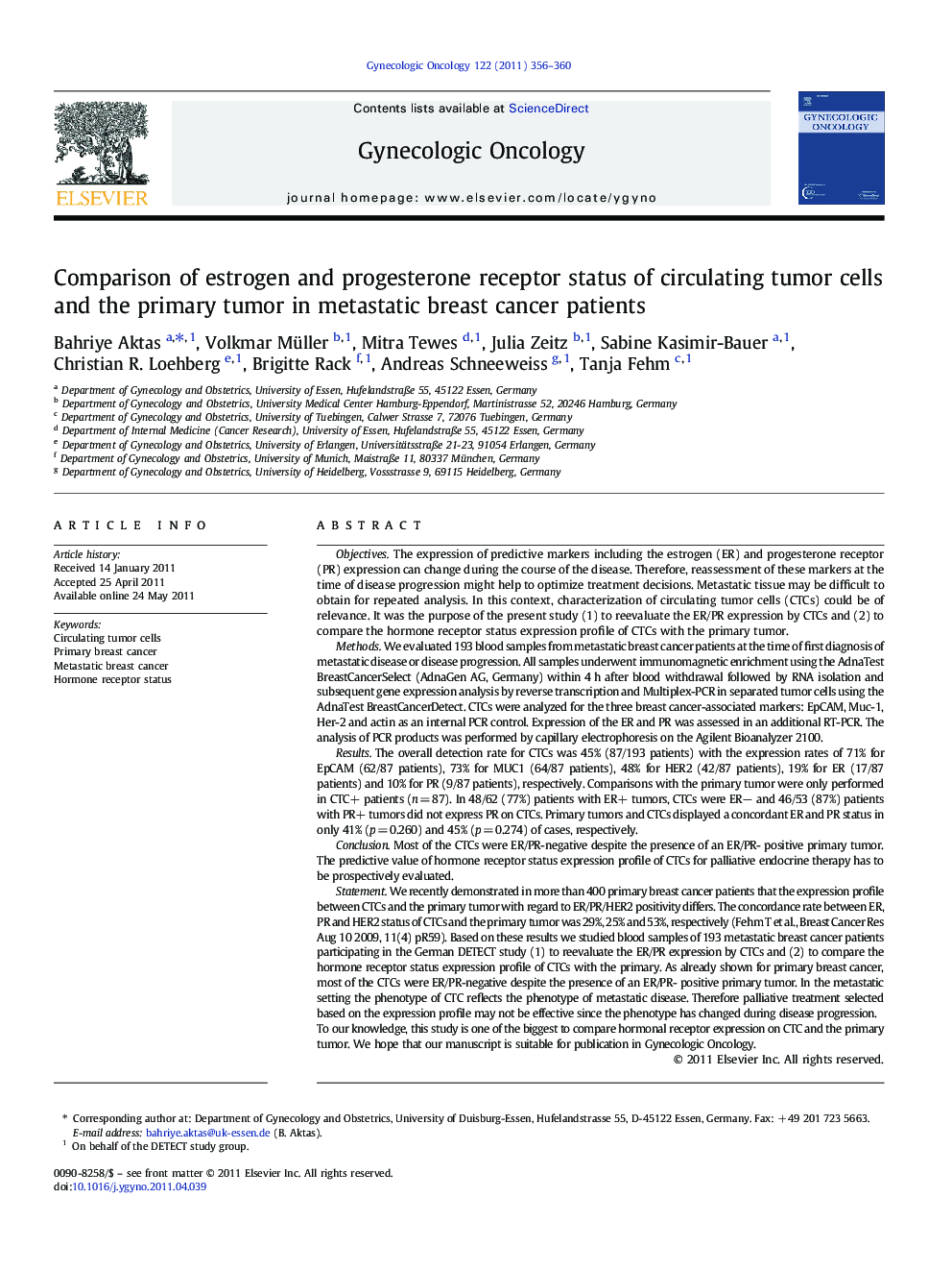 Comparison of estrogen and progesterone receptor status of circulating tumor cells and the primary tumor in metastatic breast cancer patients