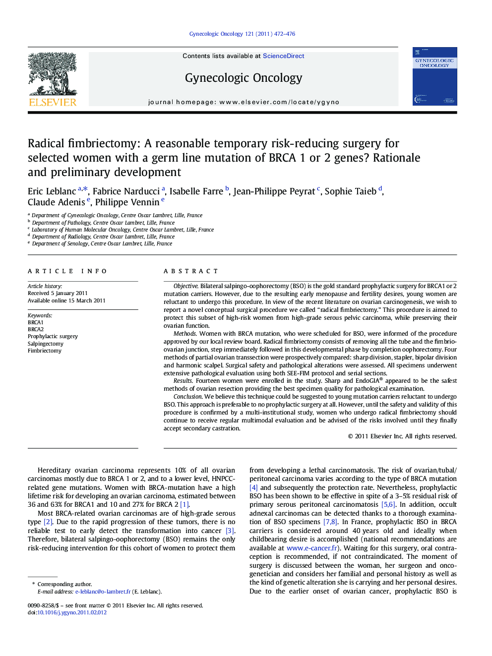 Radical fimbriectomy: A reasonable temporary risk-reducing surgery for selected women with a germ line mutation of BRCA 1 or 2 genes? Rationale and preliminary development