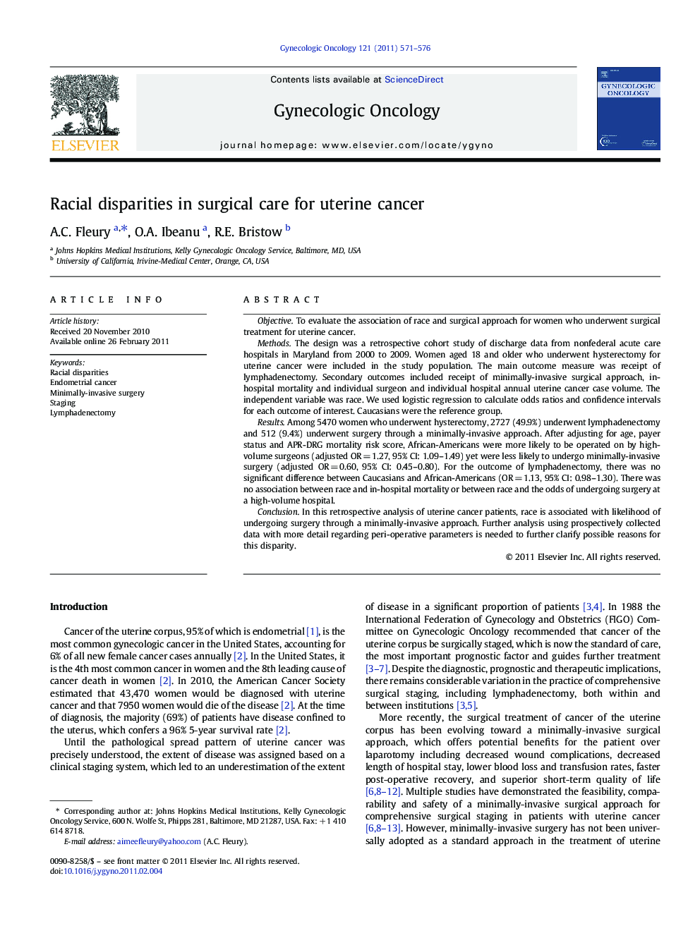 Racial disparities in surgical care for uterine cancer