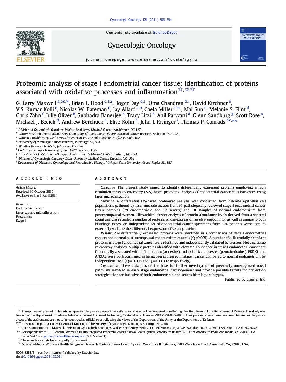 Proteomic analysis of stage I endometrial cancer tissue: Identification of proteins associated with oxidative processes and inflammation 