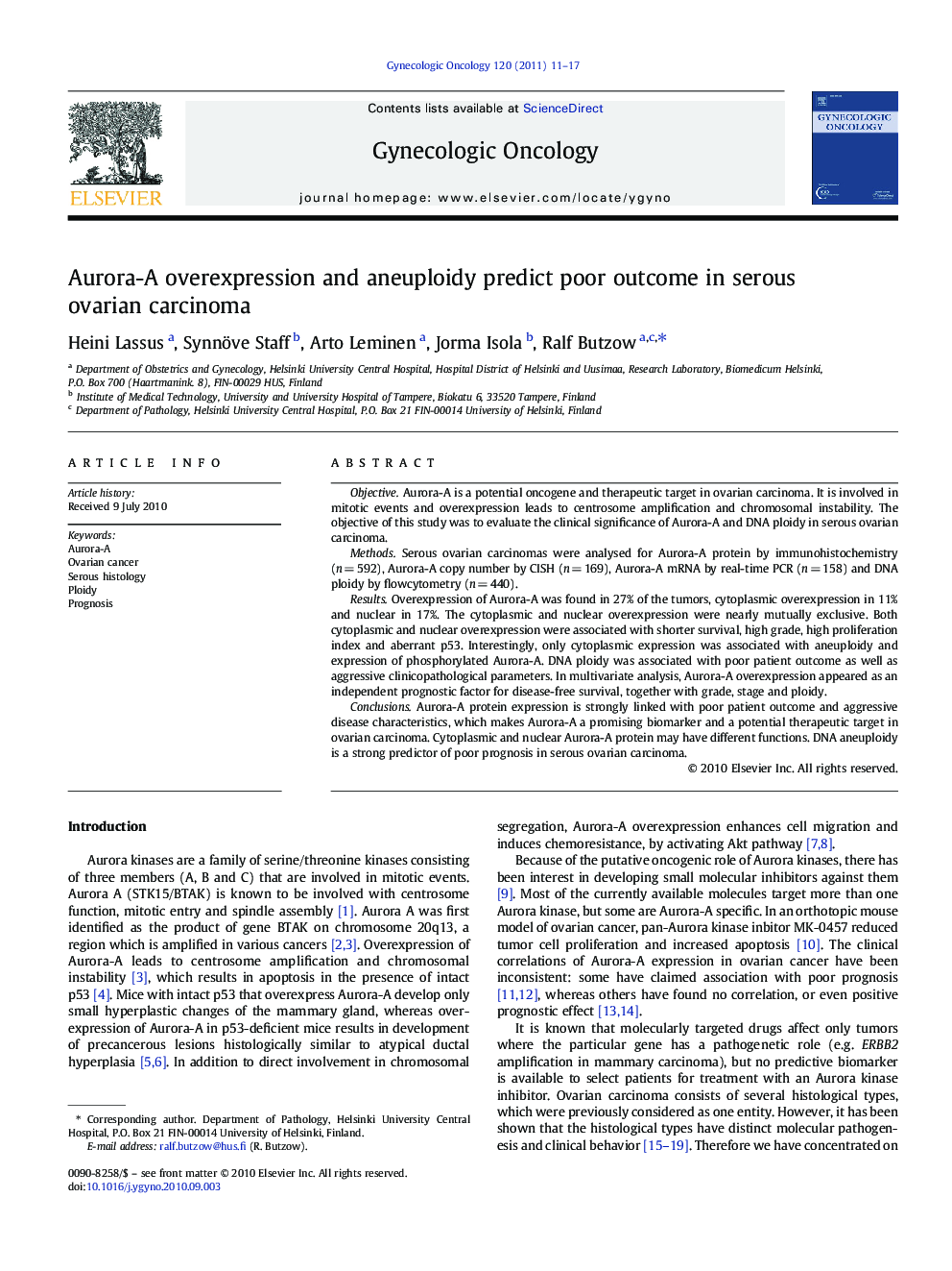 Aurora-A overexpression and aneuploidy predict poor outcome in serous ovarian carcinoma