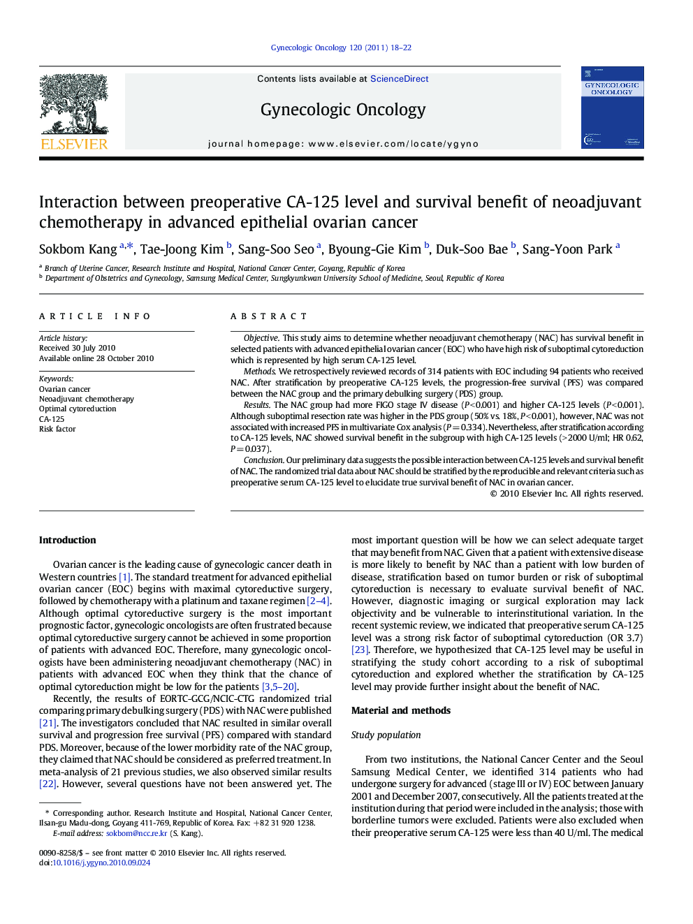 Interaction between preoperative CA-125 level and survival benefit of neoadjuvant chemotherapy in advanced epithelial ovarian cancer