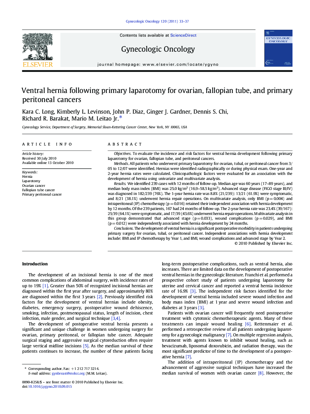 Ventral hernia following primary laparotomy for ovarian, fallopian tube, and primary peritoneal cancers