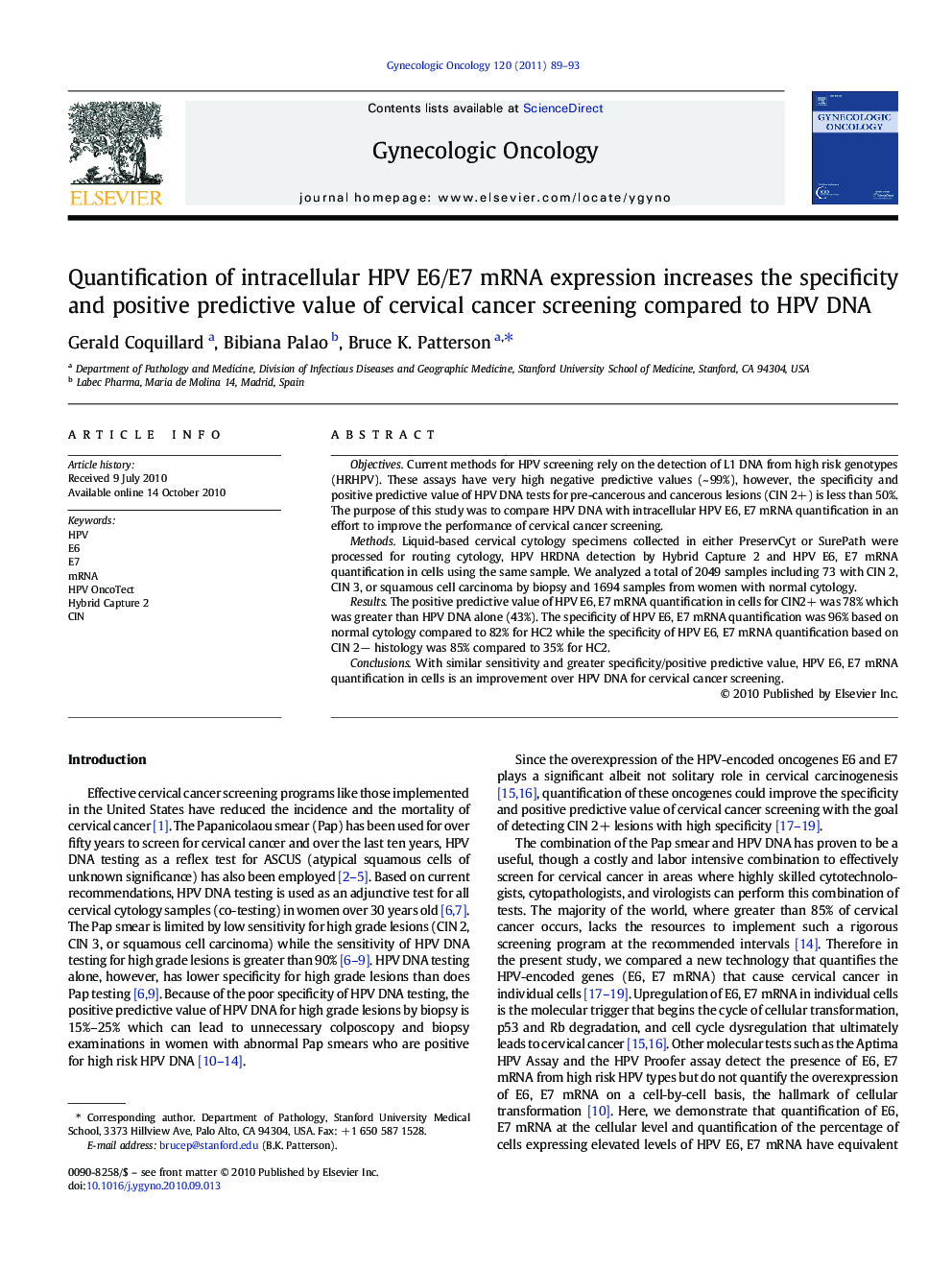 Quantification of intracellular HPV E6/E7 mRNA expression increases the specificity and positive predictive value of cervical cancer screening compared to HPV DNA