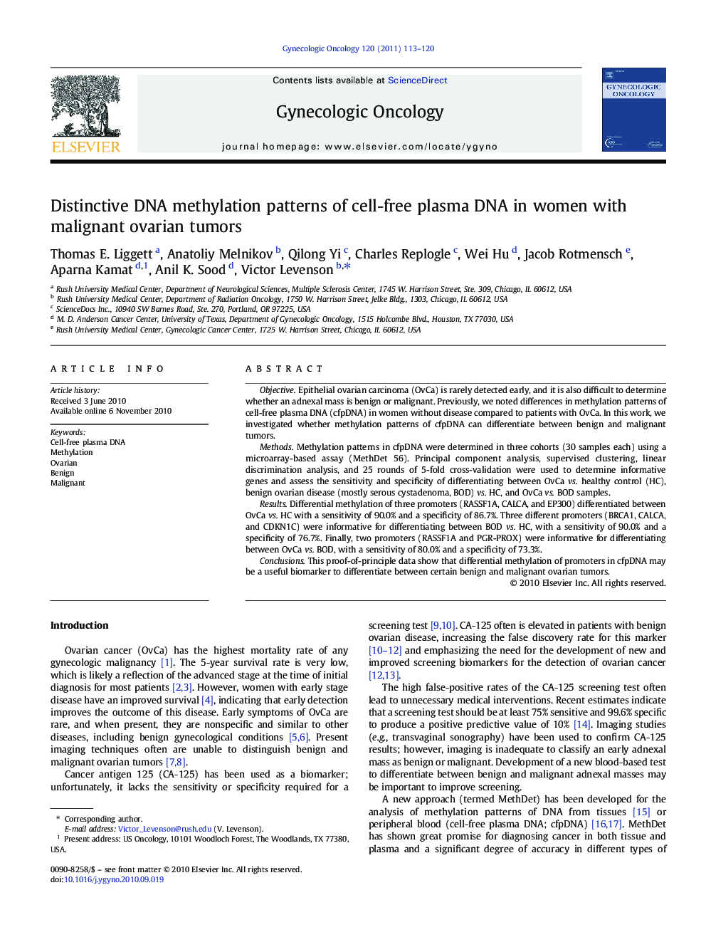 Distinctive DNA methylation patterns of cell-free plasma DNA in women with malignant ovarian tumors