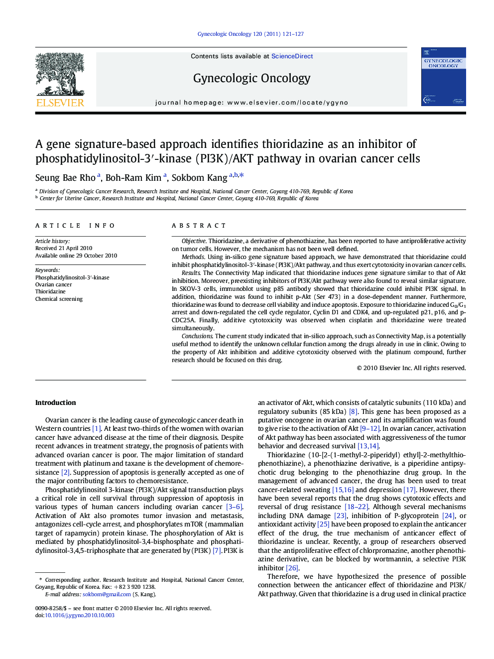 A gene signature-based approach identifies thioridazine as an inhibitor of phosphatidylinositol-3′-kinase (PI3K)/AKT pathway in ovarian cancer cells