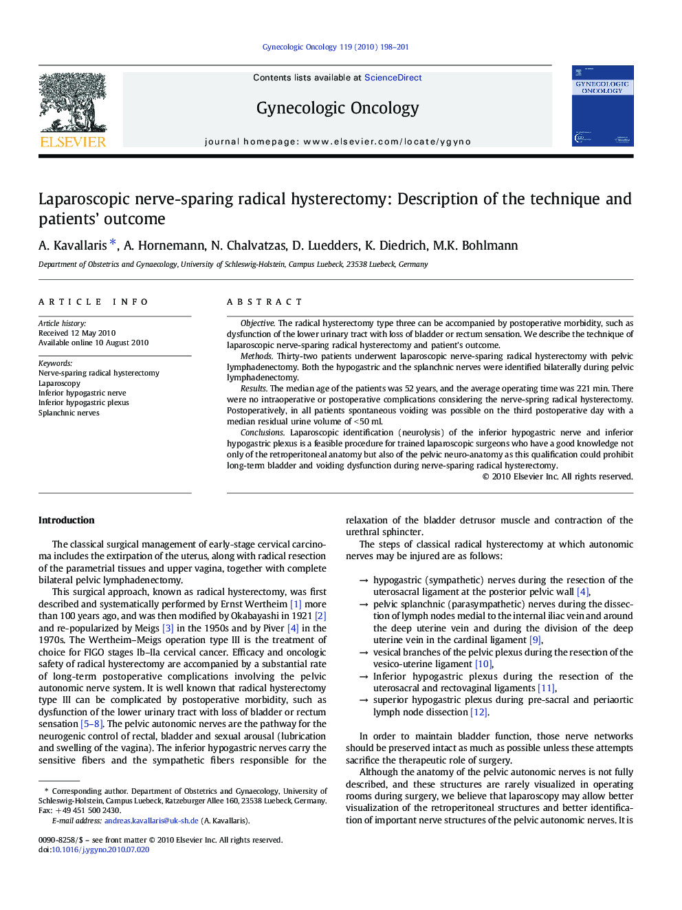 Laparoscopic nerve-sparing radical hysterectomy: Description of the technique and patients’ outcome