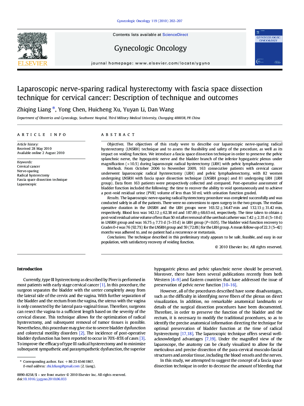 Laparoscopic nerve-sparing radical hysterectomy with fascia space dissection technique for cervical cancer: Description of technique and outcomes