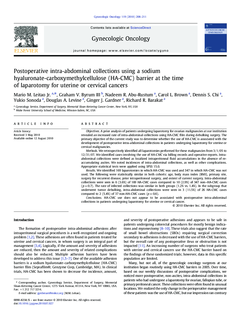 عکس صفحه اول مقاله: Postoperative intra-abdominal collections using a sodium hyaluronate-carboxymethylcellulose (HA-CMC) barrier at the time of laparotomy for uterine or cervical cancers Postoperative intra-abdominal collections using a sodium hyaluronate-carboxymethylcellulose (HA-CMC) barrier at the time of laparotomy for uterine or cervical cancers