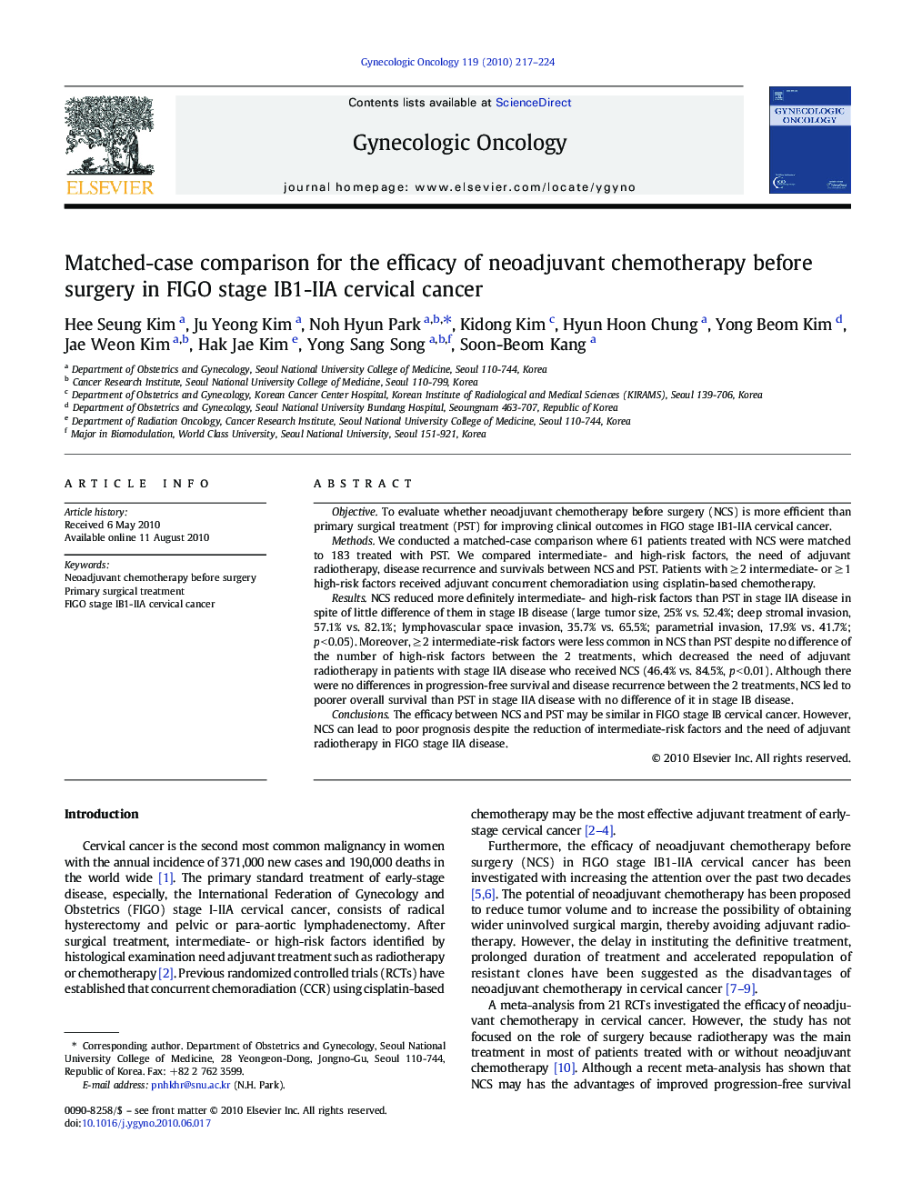 Matched-case comparison for the efficacy of neoadjuvant chemotherapy before surgery in FIGO stage IB1-IIA cervical cancer