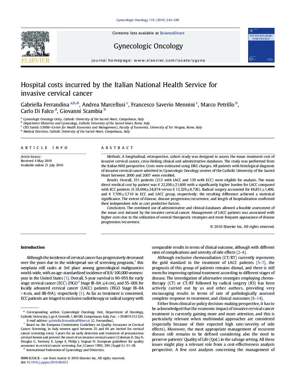 عکس صفحه اول مقاله: Hospital costs incurred by the Italian National Health Service for invasive cervical cancer Hospital costs incurred by the Italian National Health Service for invasive cervical cancer