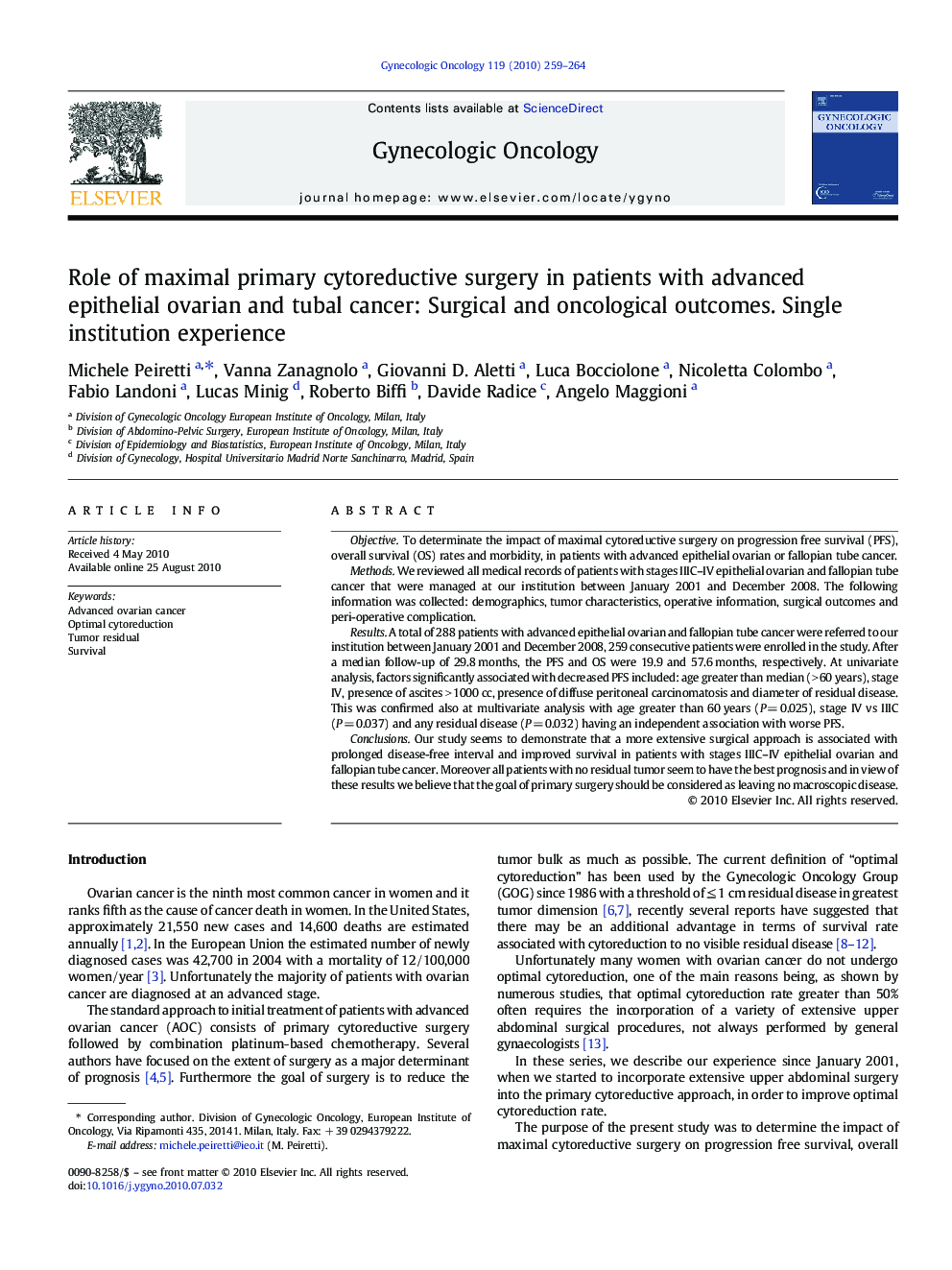 Role of maximal primary cytoreductive surgery in patients with advanced epithelial ovarian and tubal cancer: Surgical and oncological outcomes. Single institution experience