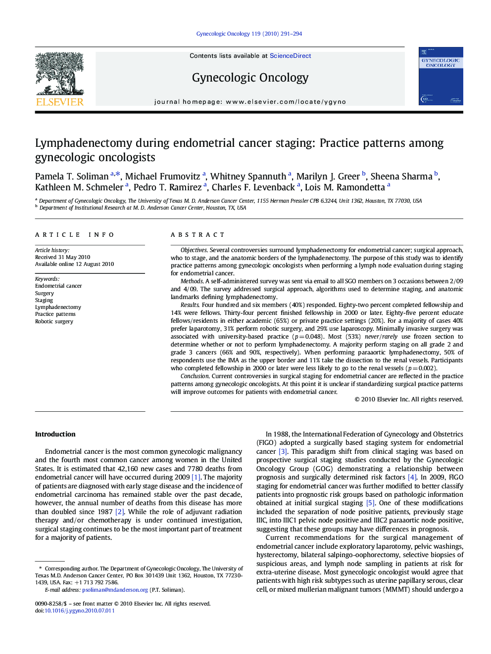 Lymphadenectomy during endometrial cancer staging: Practice patterns among gynecologic oncologists