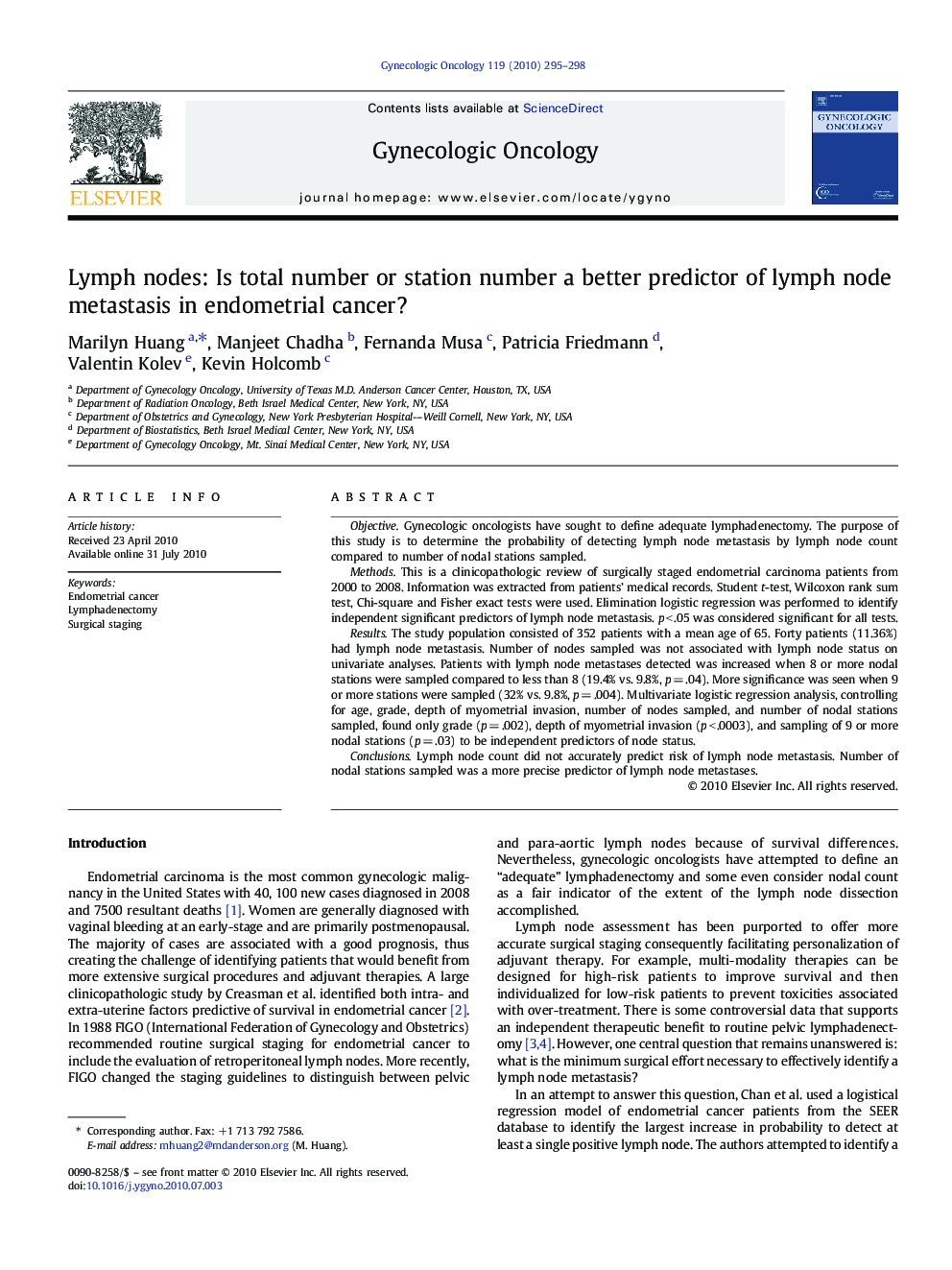 Lymph nodes: Is total number or station number a better predictor of lymph node metastasis in endometrial cancer?