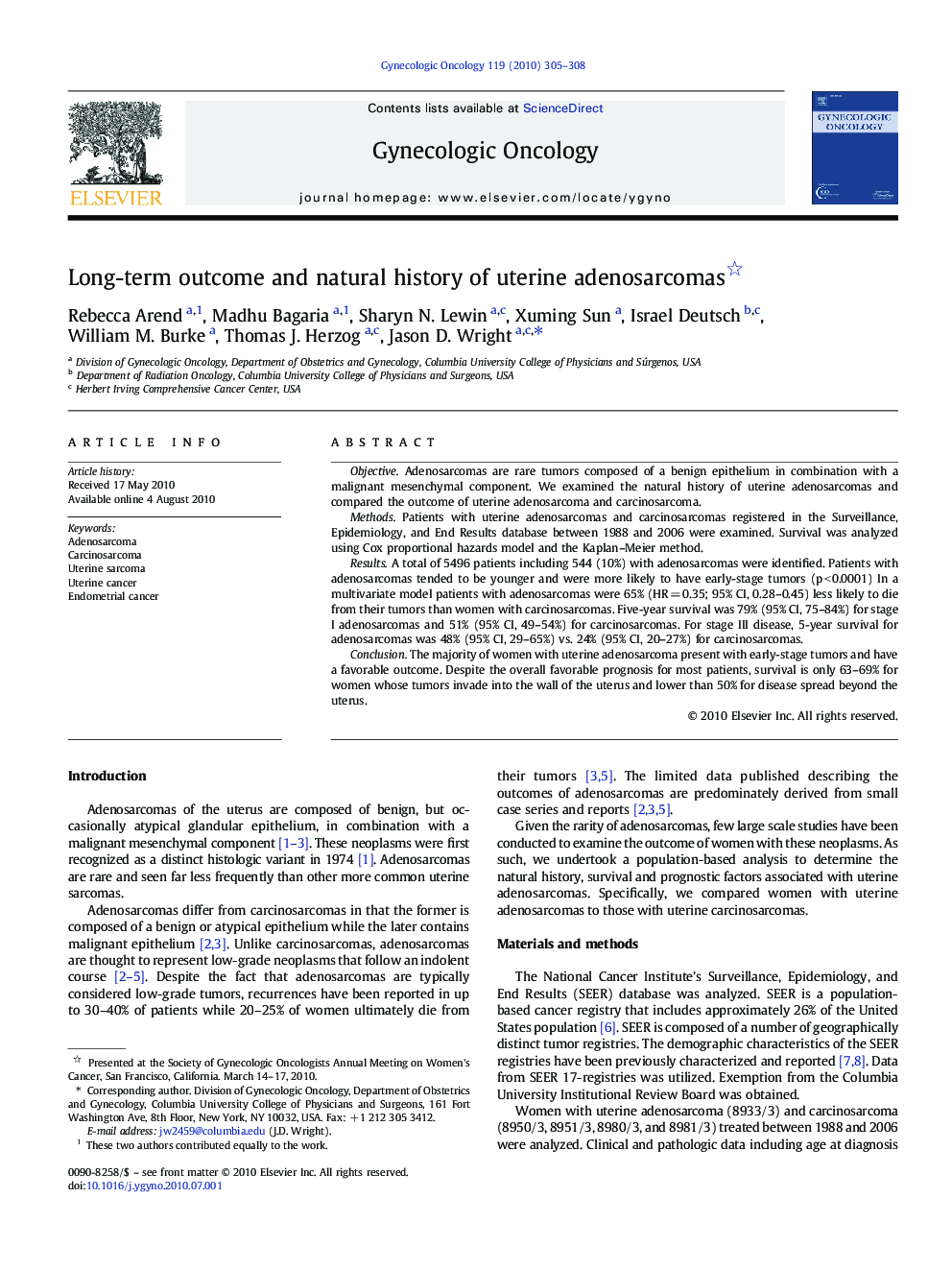 Long-term outcome and natural history of uterine adenosarcomas 