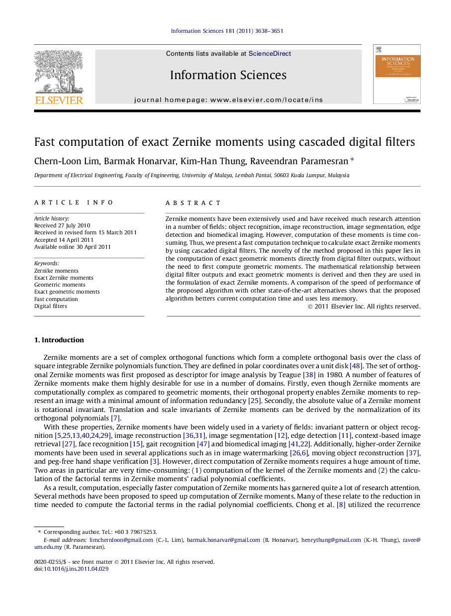 Fast computation of exact Zernike moments using cascaded digital filters