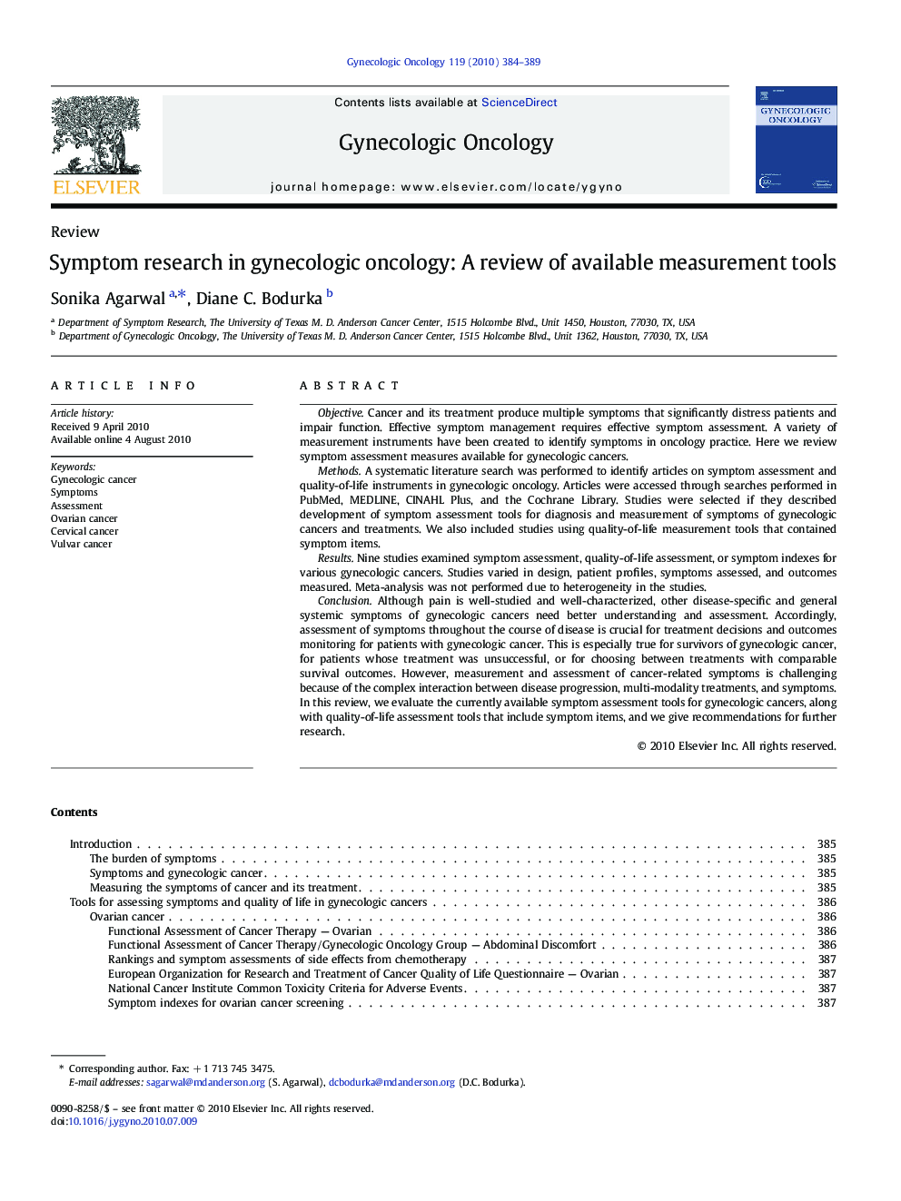 Symptom research in gynecologic oncology: A review of available measurement tools