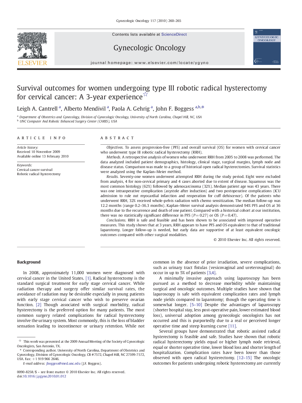 Survival outcomes for women undergoing type III robotic radical hysterectomy for cervical cancer: A 3-year experience 