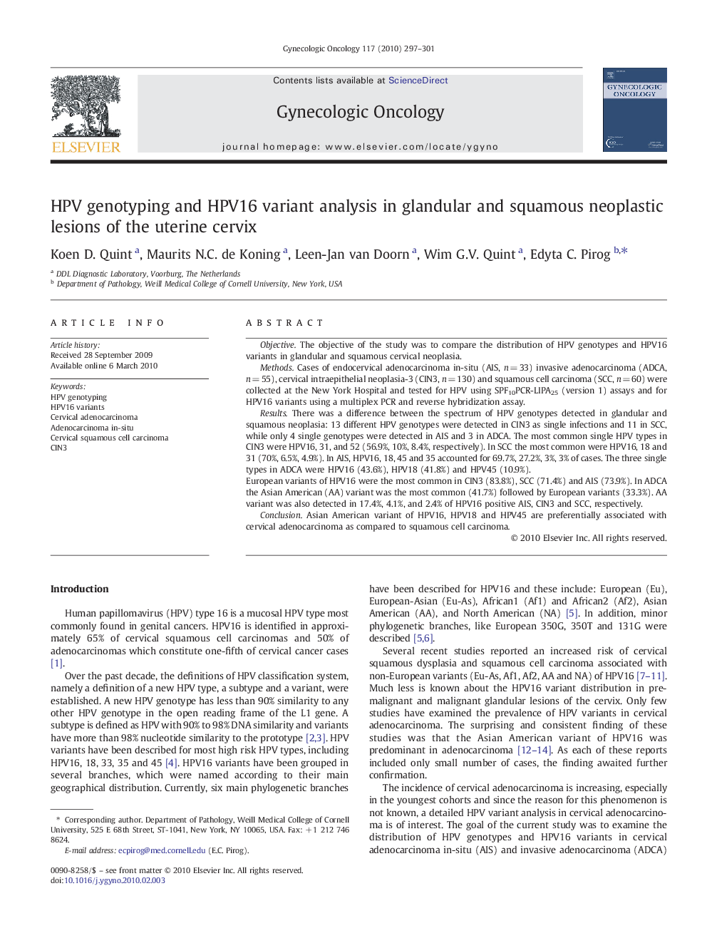 HPV genotyping and HPV16 variant analysis in glandular and squamous neoplastic lesions of the uterine cervix