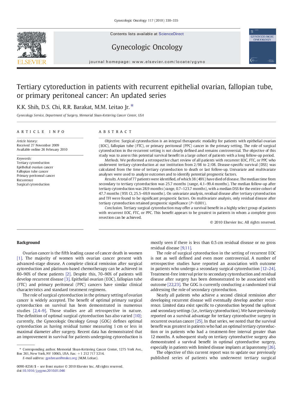 Tertiary cytoreduction in patients with recurrent epithelial ovarian, fallopian tube, or primary peritoneal cancer: An updated series