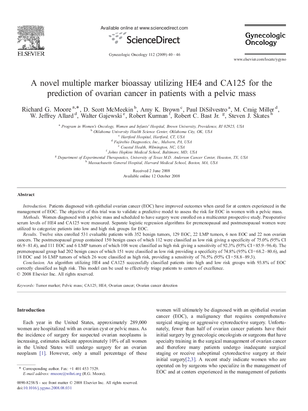 A novel multiple marker bioassay utilizing HE4 and CA125 for the prediction of ovarian cancer in patients with a pelvic mass