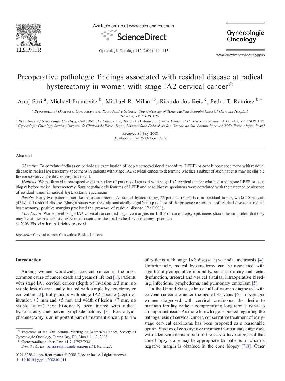 Preoperative pathologic findings associated with residual disease at radical hysterectomy in women with stage IA2 cervical cancer 