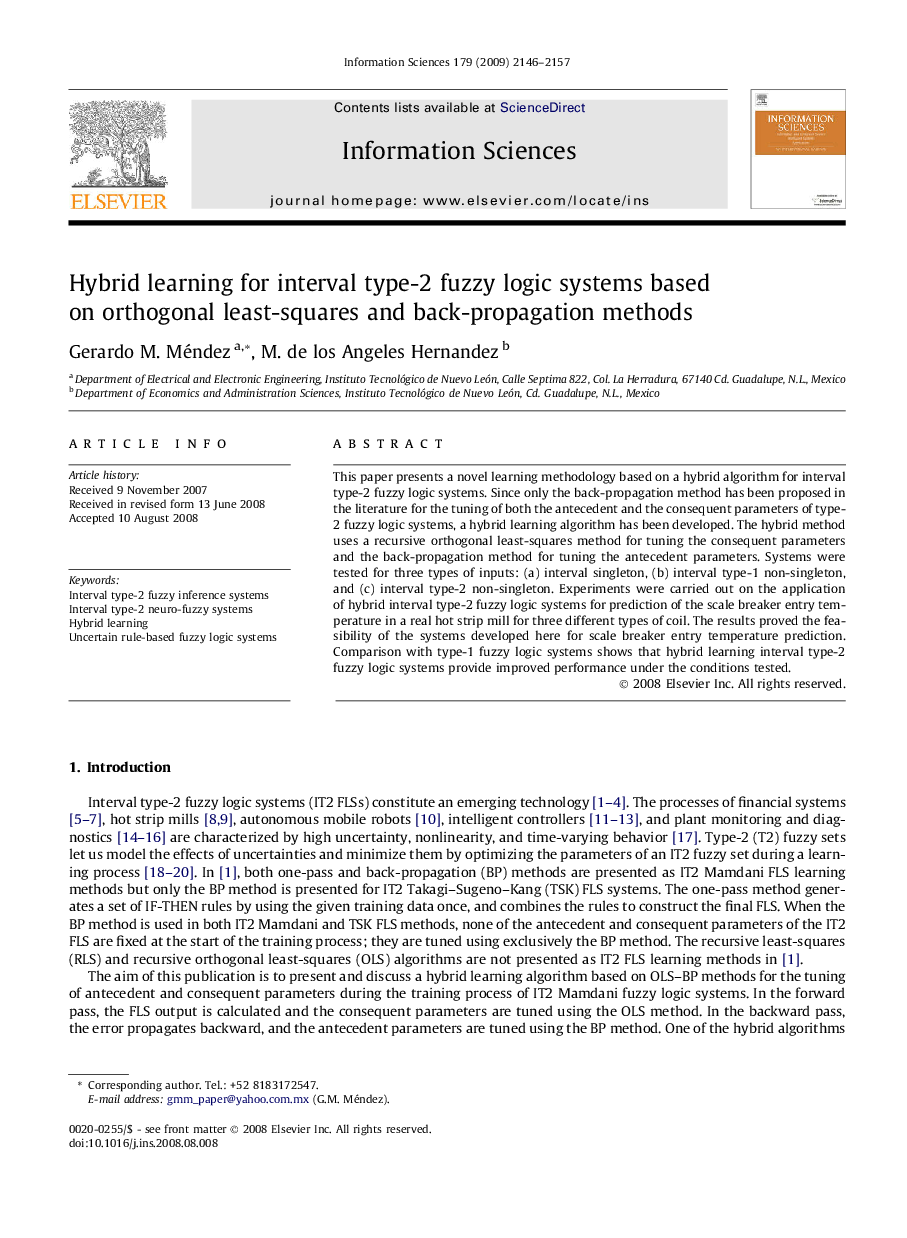 Hybrid learning for interval type-2 fuzzy logic systems based on orthogonal least-squares and back-propagation methods