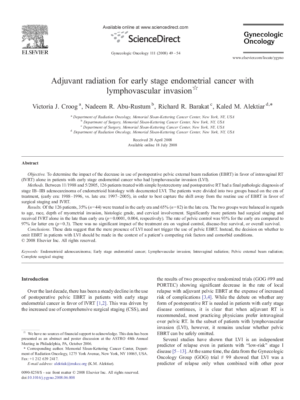 Adjuvant radiation for early stage endometrial cancer with lymphovascular invasion 